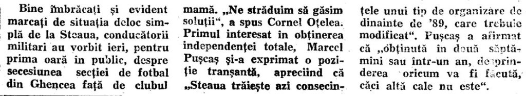 separarea sectiei de fotbal a stelei